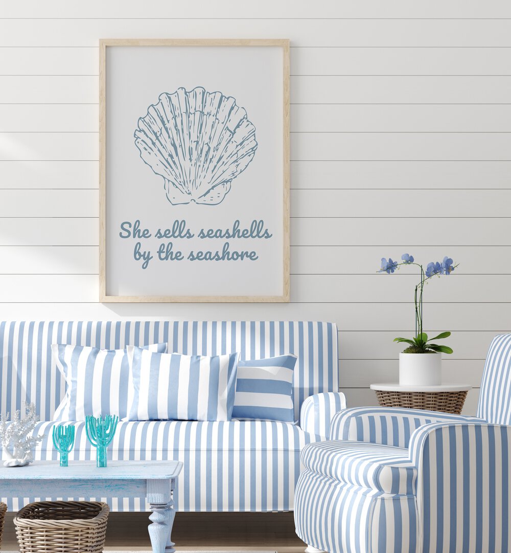 SHE SELLS SEASHELLS, BEACH PAINTINGS adorns a stylish coastal living space, celebrating ocean beauty and serenity.