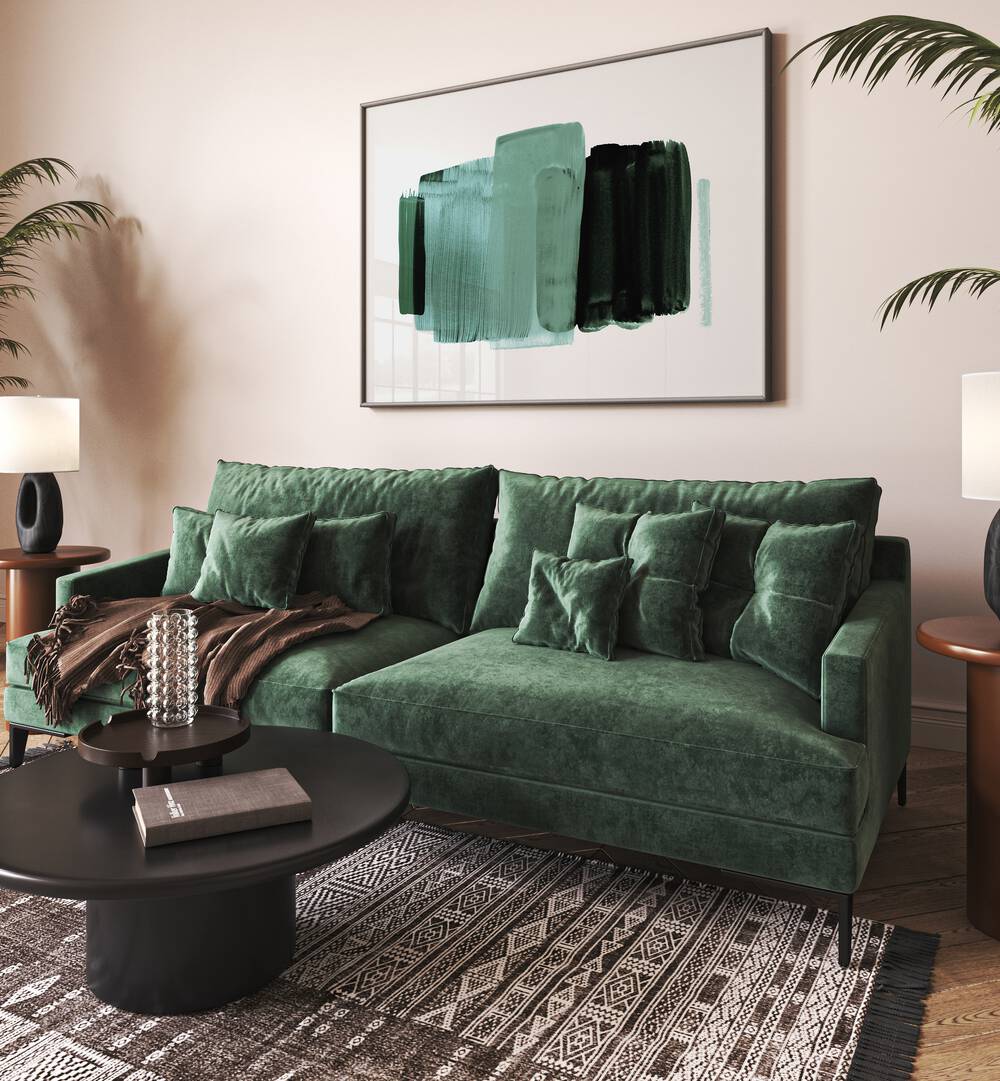 Stylish living room featuring MINIMALISM XVII, ABSTRACT PAINTINGS, enhancing modern decor with elegant artistry.