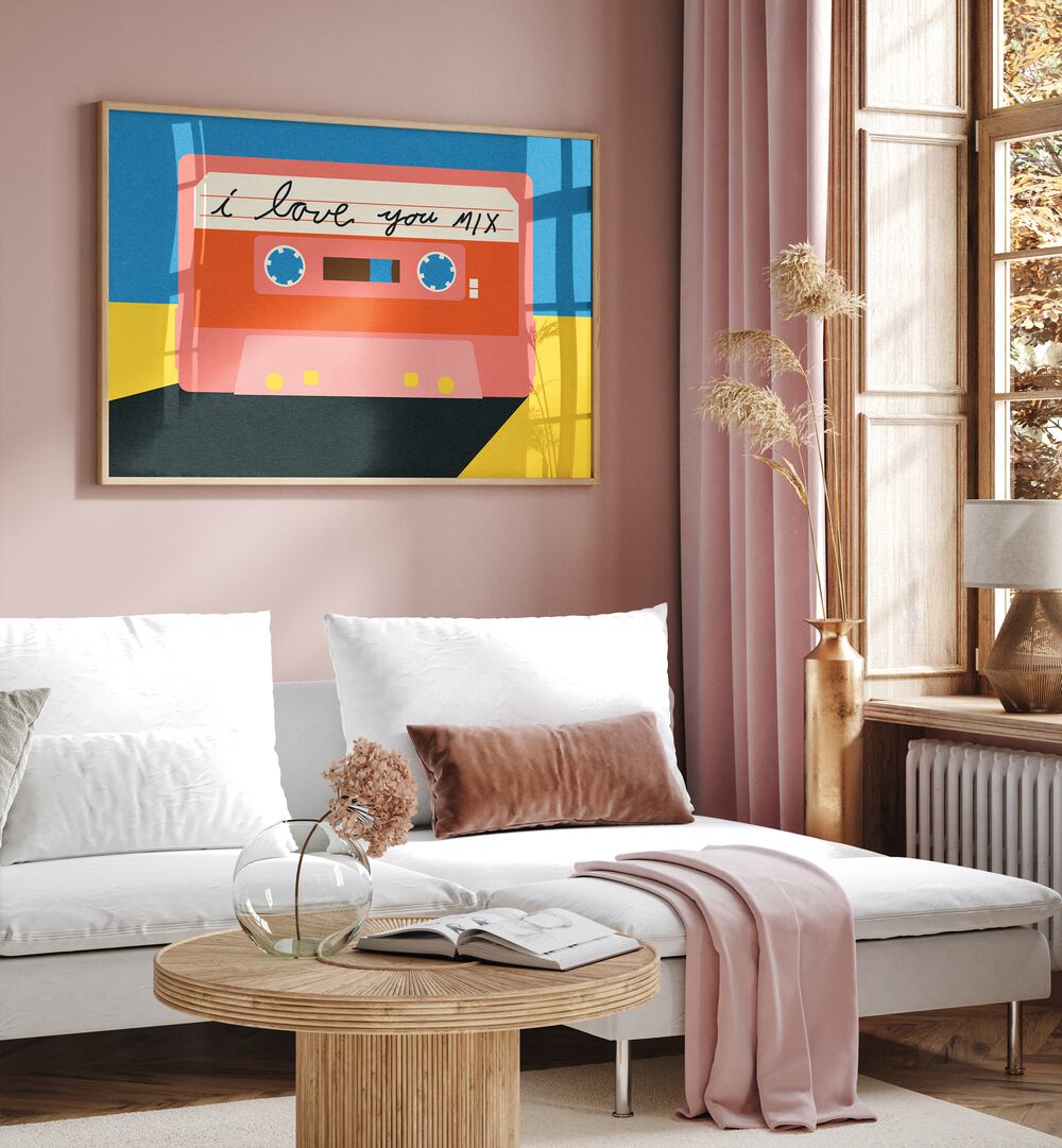 Colorful I LOVE YOU MIXTAPE, MOVIE POSTERS displayed in a stylish living room, perfect for expressing love and nostalgia.