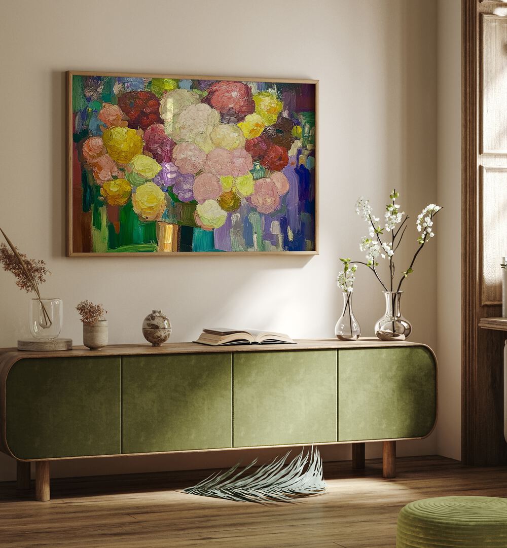 Vibrant flowers in a vase, adding elegance to any space. Perfect centerpiece for your home décor. FLOWERS IN A VASE.