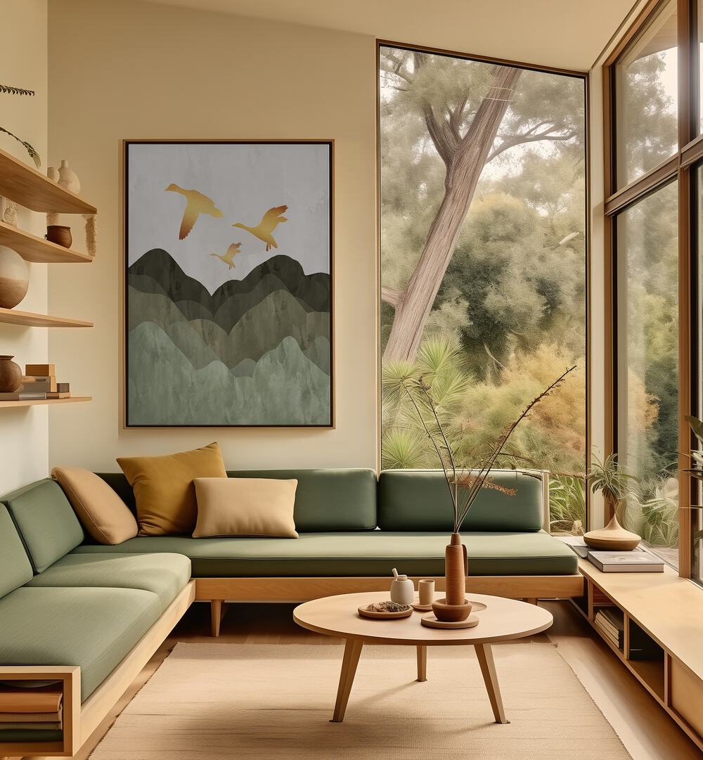 Golden birds flying over serene mountains in stunning landscape paintings, perfect for any living space or office.