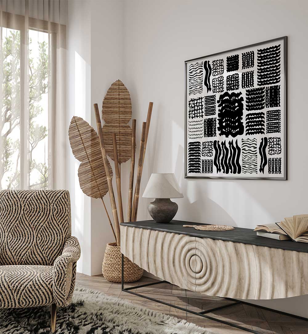 Elevate your decor with SQUIGGLE GRID II, GEOMETRIC ART PRINTS, featuring bold patterns in a stylish living space.