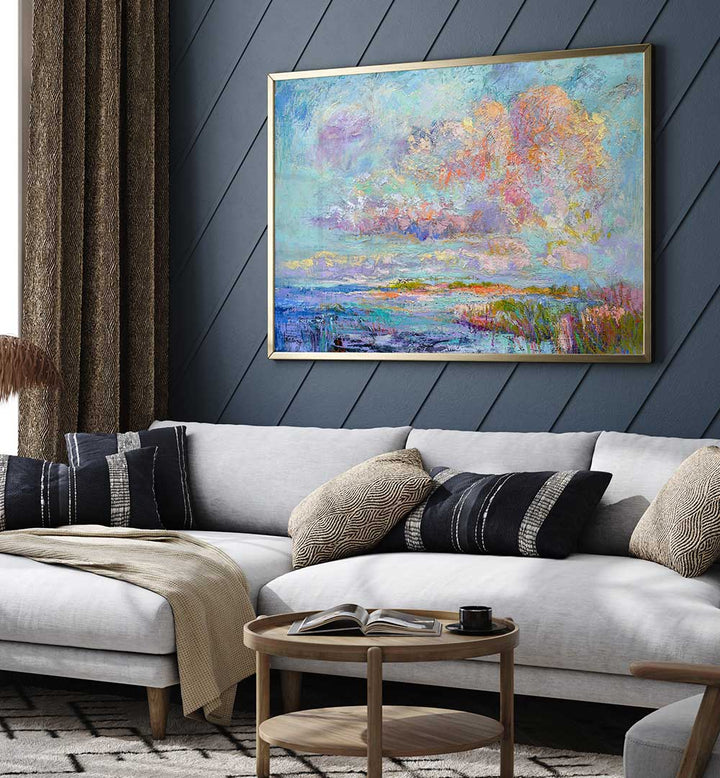 DREAMSCAPE HUES , LANDSCAPE PAINTINGS framed pastel seascape above a sofa in a modern living room