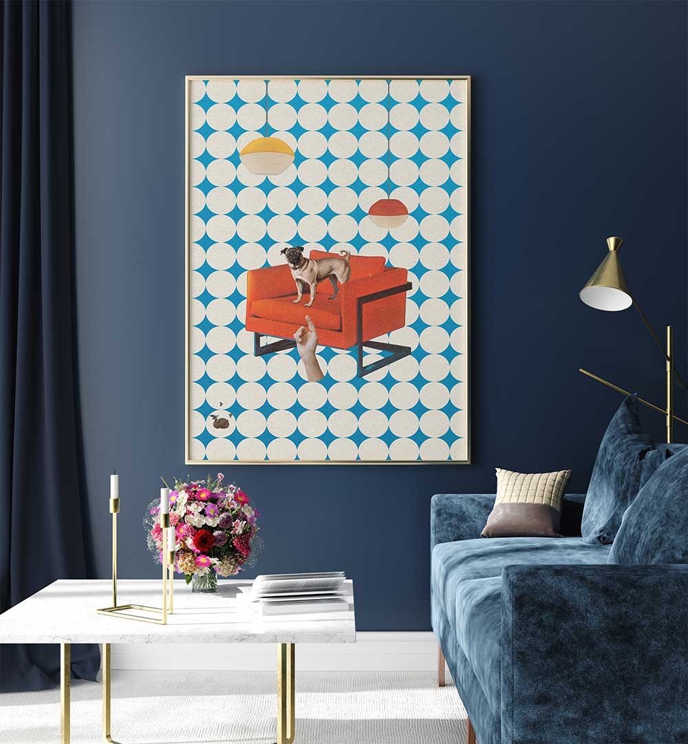 Surreal art print "IT WAS YOU" features a dog on a vibrant red chair against a playful blue backdrop.