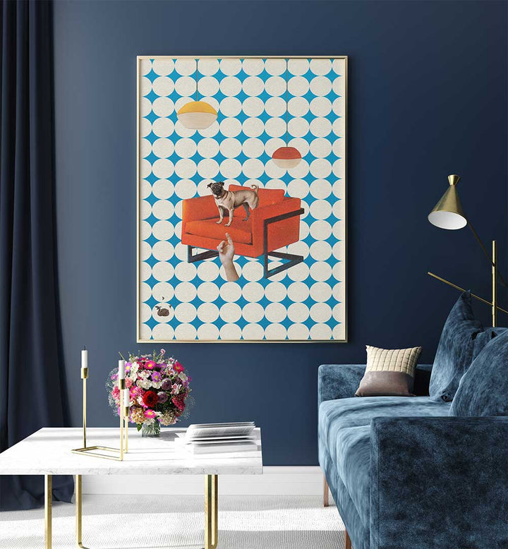 Surreal art print "IT WAS YOU" features a dog on a vibrant red chair against a playful blue backdrop.