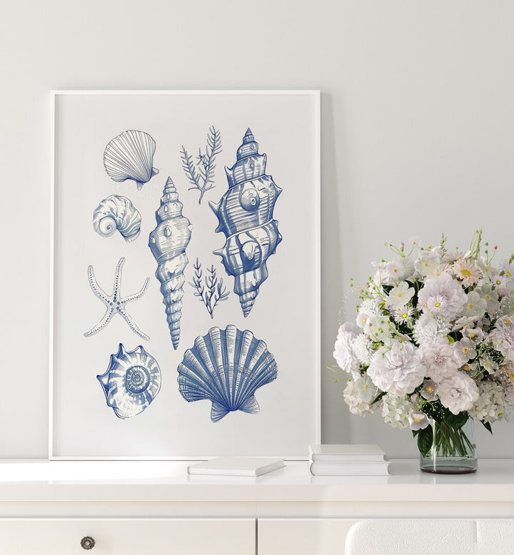 SHELL COLLAGE, BEACH PAINTINGS featuring a vibrant arrangement of seashells, perfect for coastal home decor.