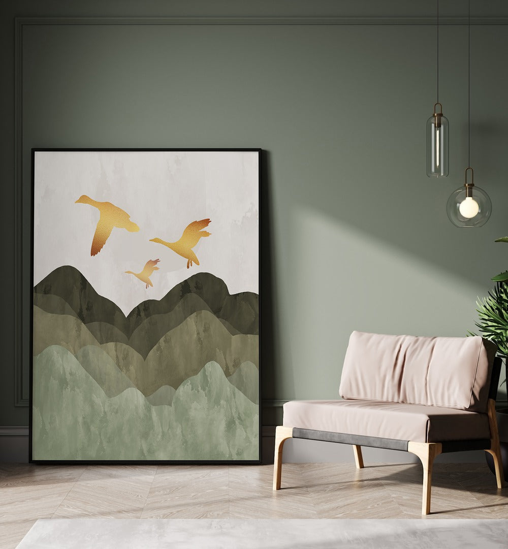 Golden Birds Flying over serene mountains, this landscape painting brings nature's beauty to your space. Perfect decor!
