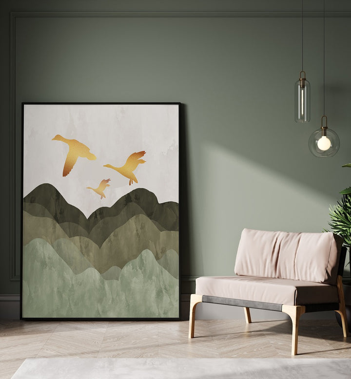 Golden Birds Flying over serene mountains, this landscape painting brings nature's beauty to your space. Perfect decor!