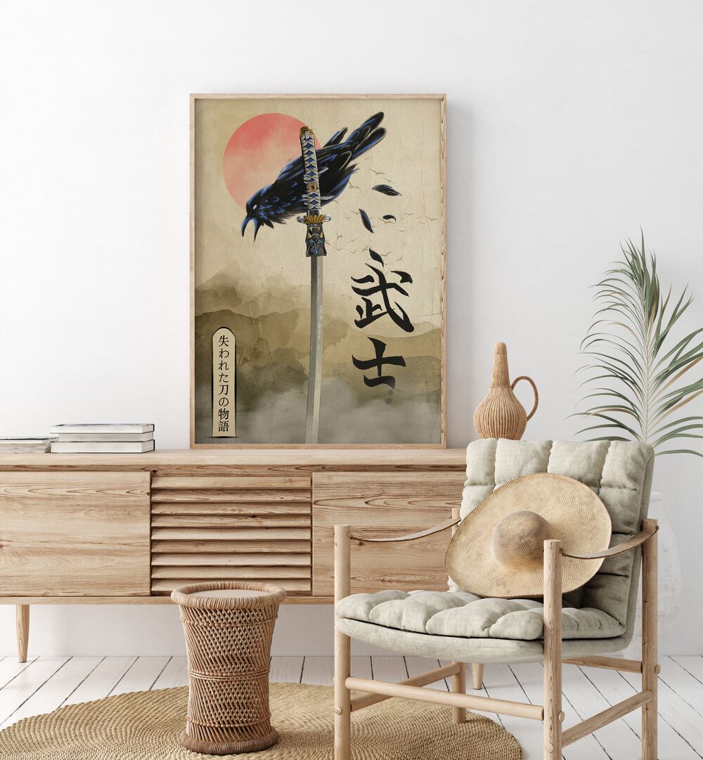 Stunning DEAD SOULS, JAPANESE PAINTINGS artwork featuring a crow and katana, perfect for enhancing your space.