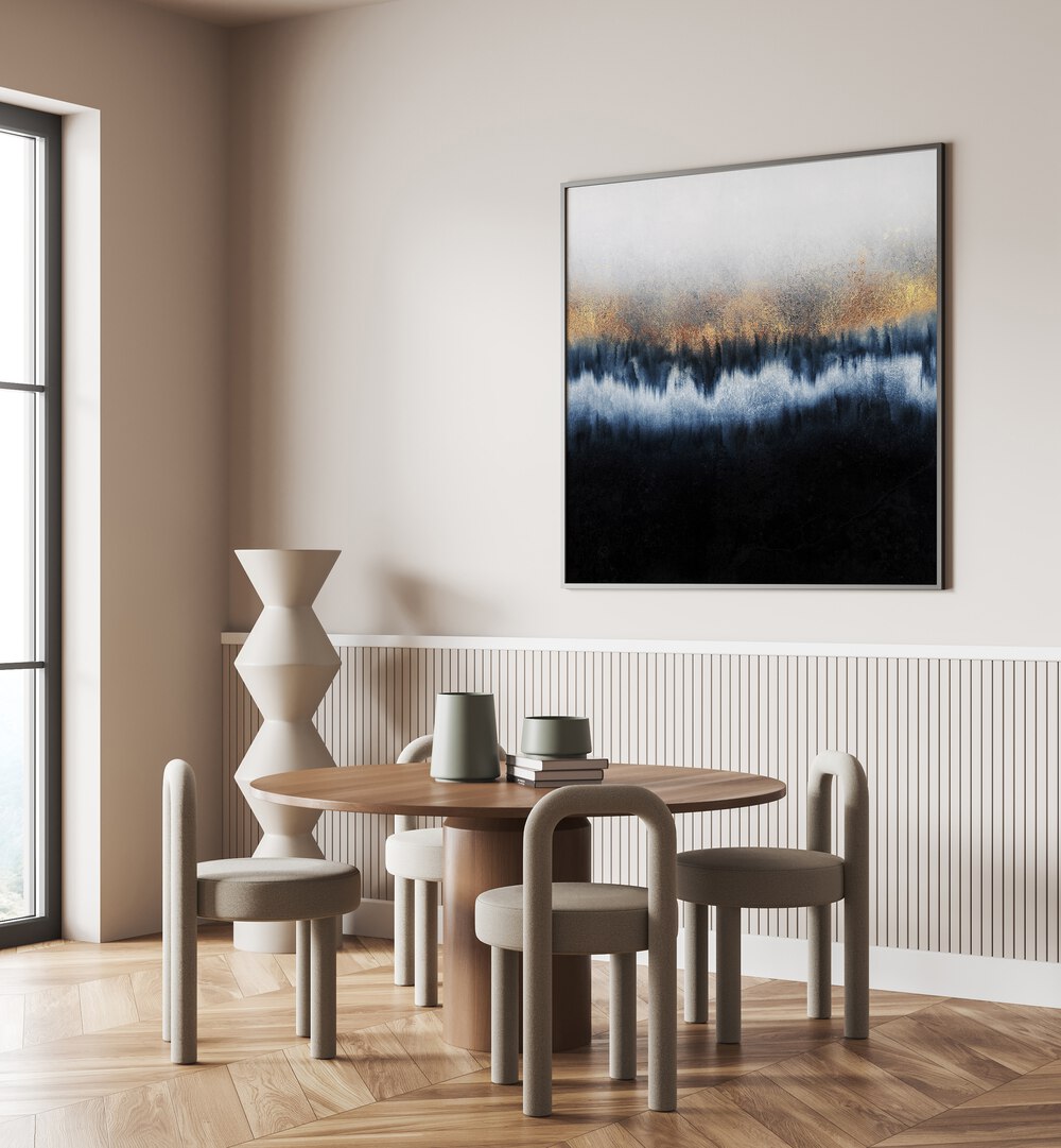 GOLDEN HORIZON III, ABSTRACT PAINTINGS displayed in a chic dining area, adding elegance and style to modern decor.