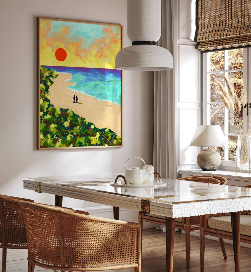 Vibrant GOLDEN GLOW, LANDSCAPE PAINTINGS adorn a modern dining area with a stunning view of nature and sunset.