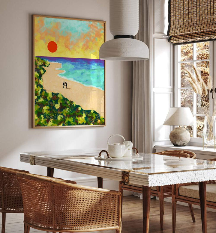 Vibrant GOLDEN GLOW, LANDSCAPE PAINTINGS adorn a modern dining area with a stunning view of nature and sunset.