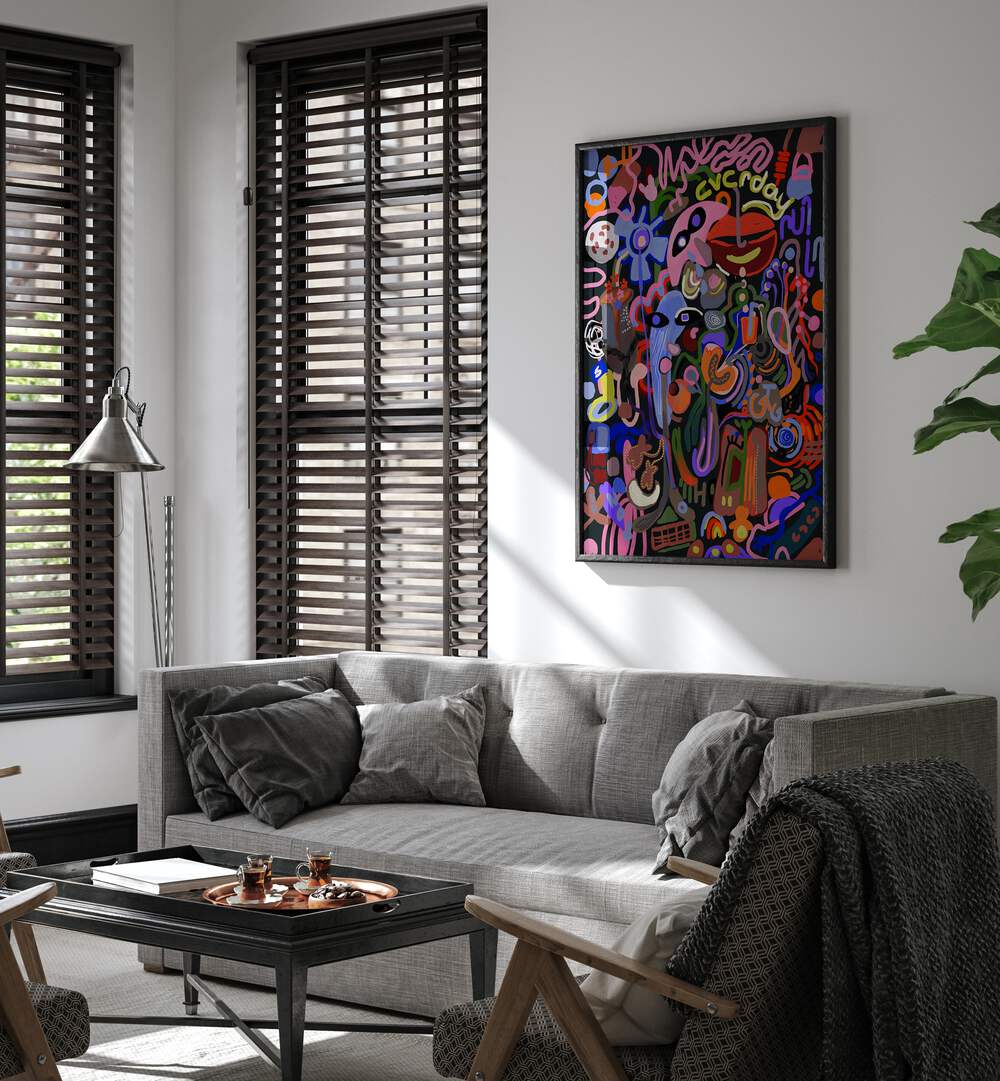 Vibrant ETHEREAL WHISPERS, POP ART PAINTINGS enhance the cozy living room with colorful artistic flair.