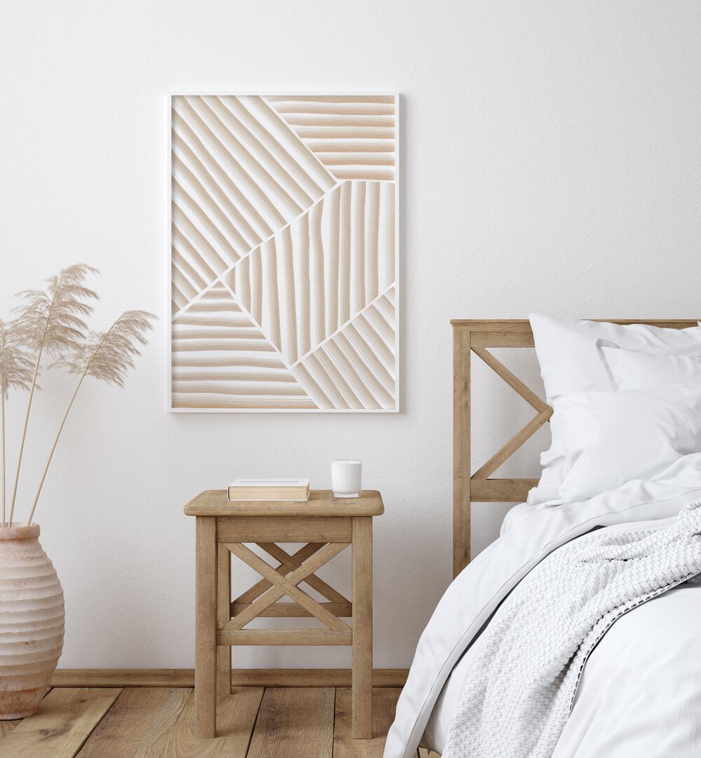Elegant BEIGE LINE ART, GEOMETRIC ART PRINTS on display, enhancing a modern bedroom with sophisticated decor.