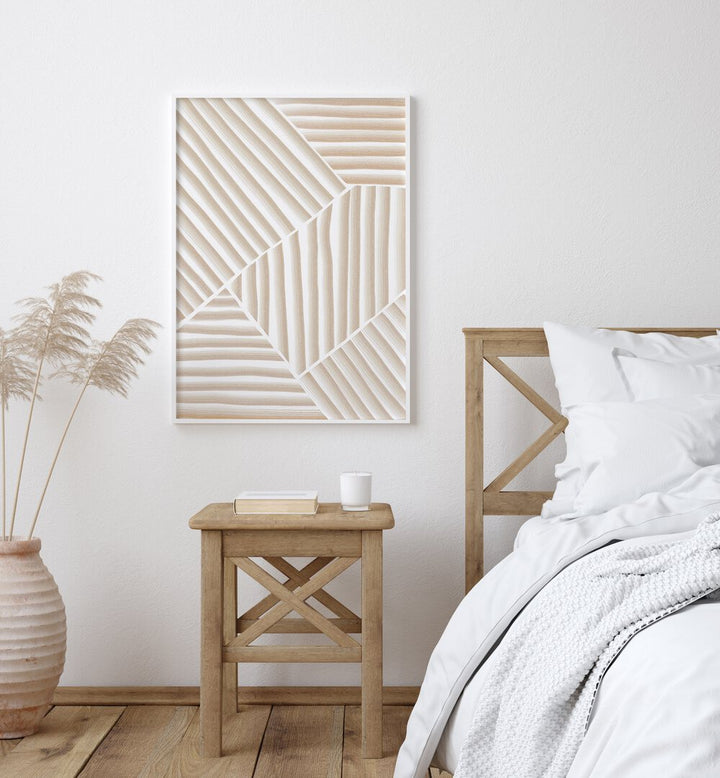 Elegant BEIGE LINE ART, GEOMETRIC ART PRINTS on display, enhancing a modern bedroom with sophisticated decor.
