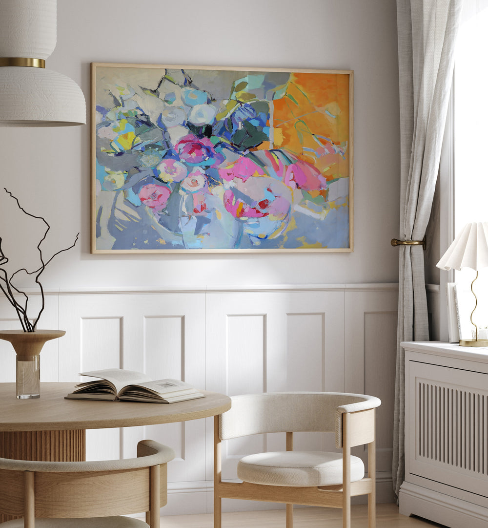 Elegant GLASS AND ROSES, ABSTRACT PAINTINGS enhancing modern decor with vibrant floral artistry and refined style.