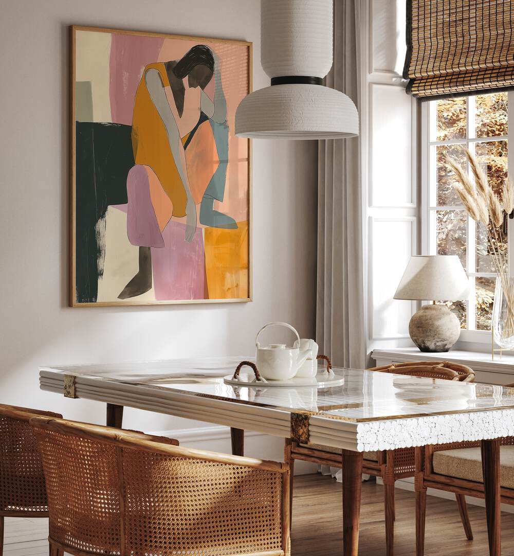 Stylish interior featuring THE WALL, PORTRAITS artwork, enhancing modern aesthetic with colorful figurative illustration.