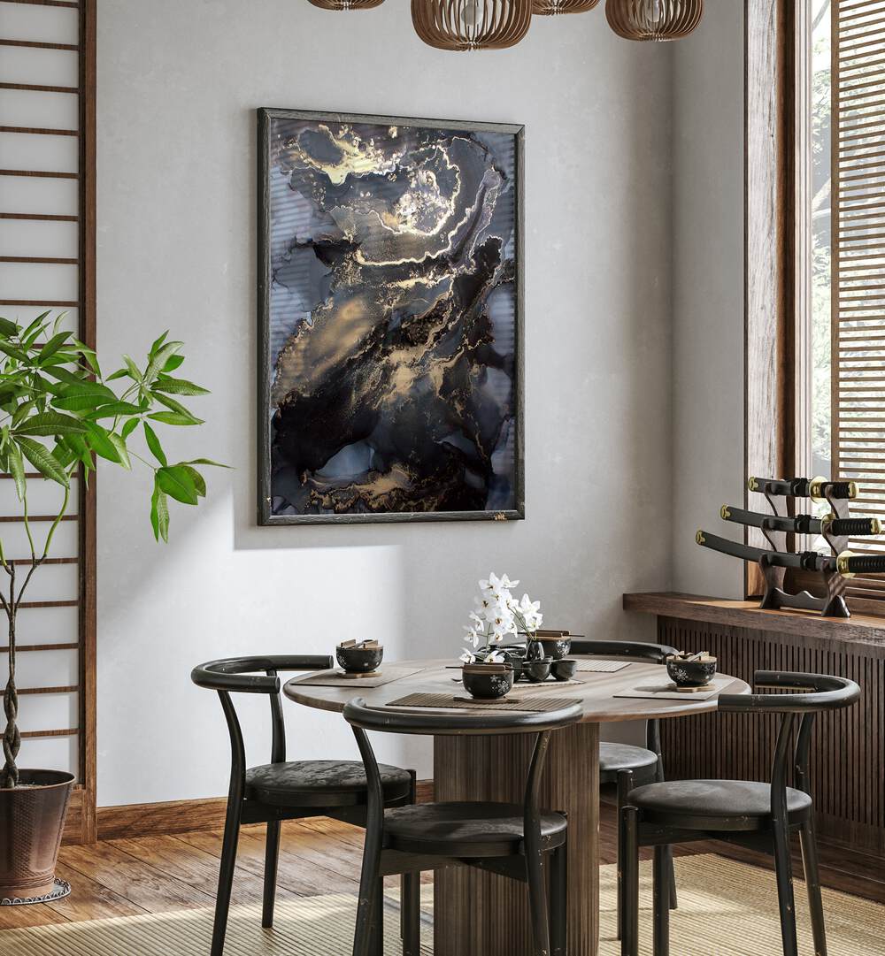 Stylish METALLIC FIRESTORM , ABSTRACT PAINTINGS elevating a modern dining space with elegant decor elements.