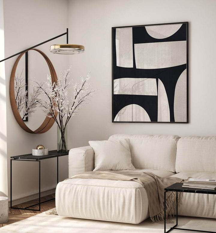 Stylish living room featuring CURVED SHAPES II, GEOMETRIC ART PRINTS, enhancing elegance and artistry.