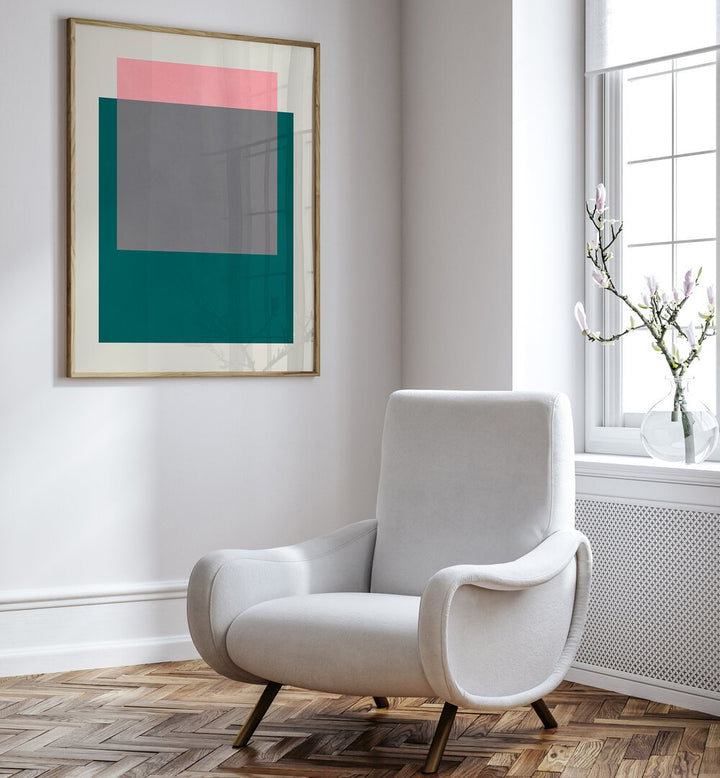 Elegant room featuring COLORFUL OVERLAY, GEOMETRIC ART PRINTS, enhancing creativity with vibrant design elements.