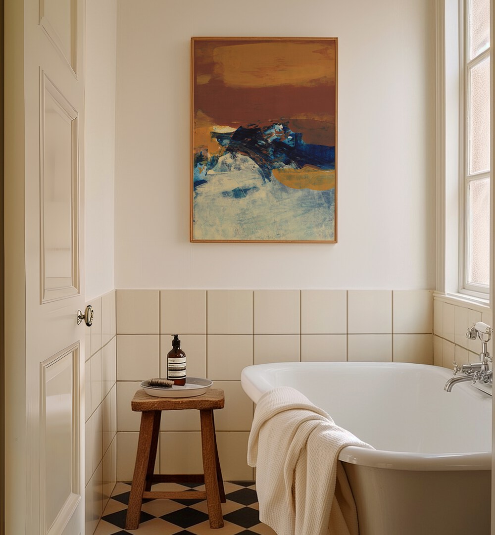 Abstract painting "CORRELATIONS II" adds style to a modern bathroom, enhancing any creative space effortlessly.