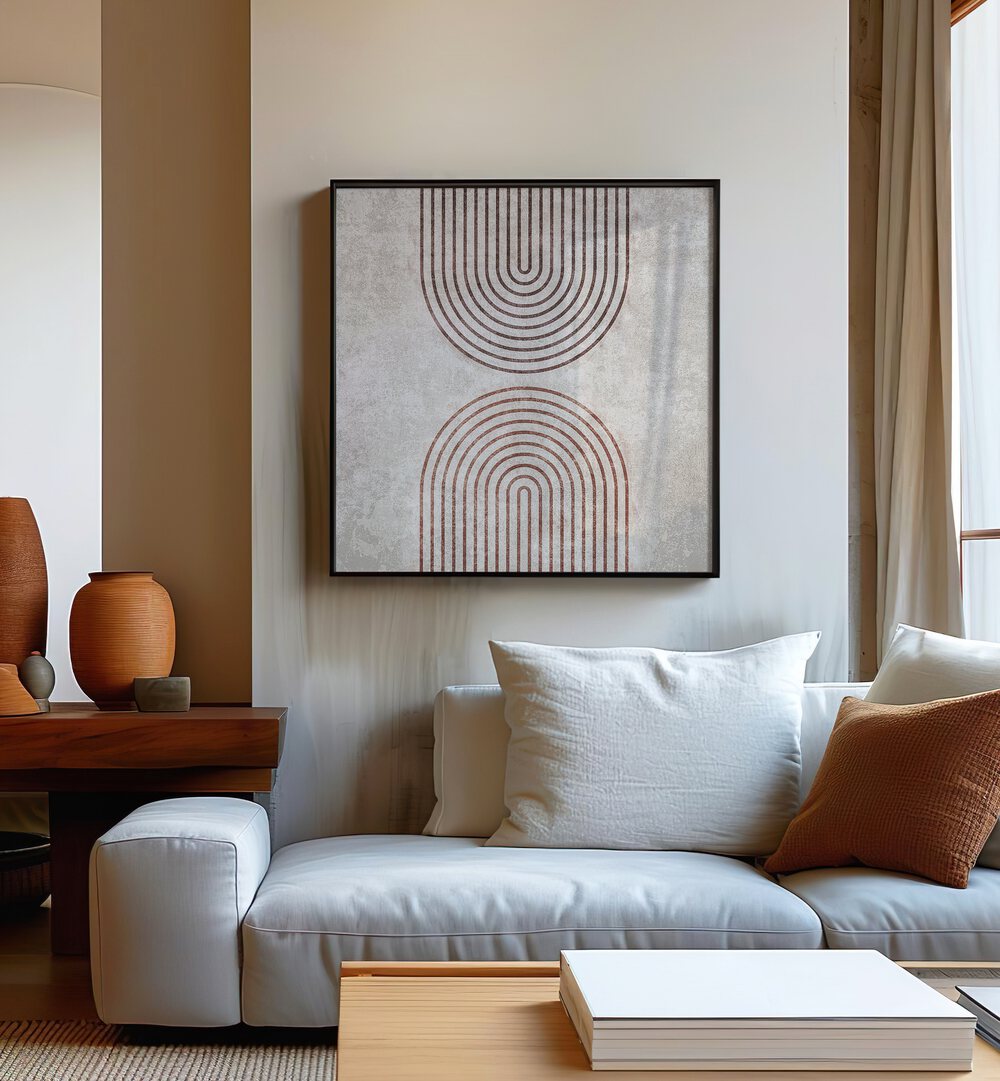 Stylish RAINBOW GATE, BOHO ART PAINTINGS enhancing a modern living space with elegant design and warm tones.