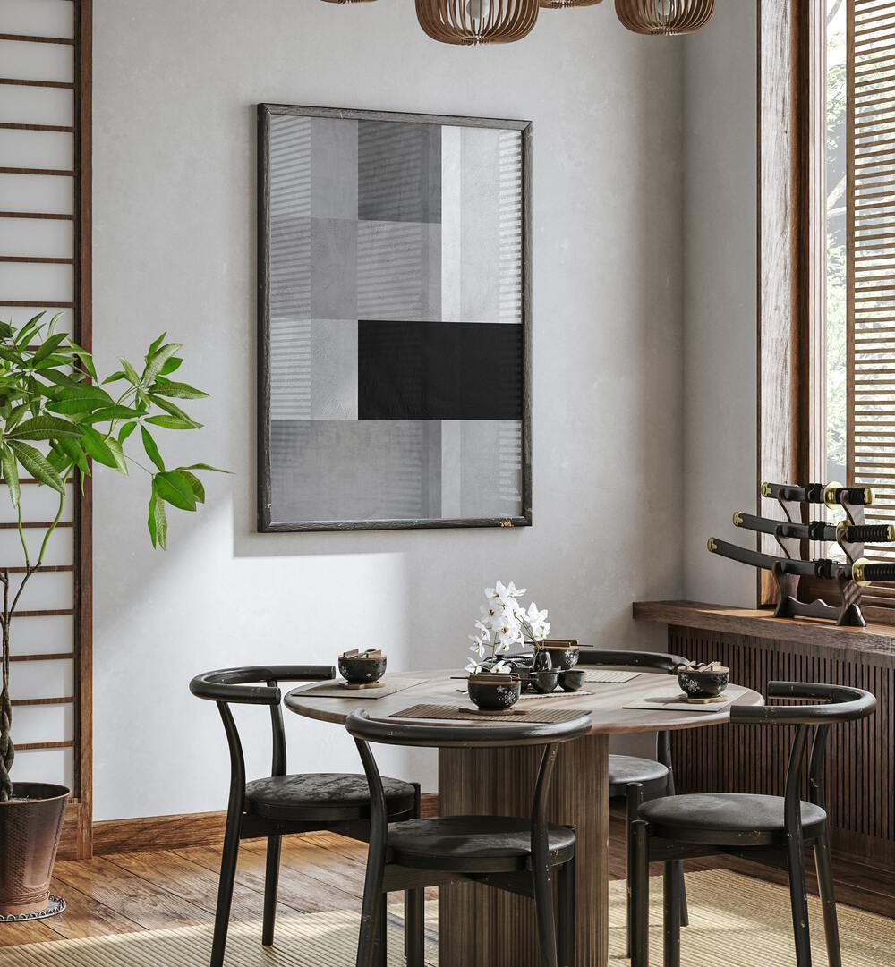 Stylish interior featuring GRAY TEXTURES IV, GEOMETRIC ART PRINTS, enhancing space with modern gray sophistication.