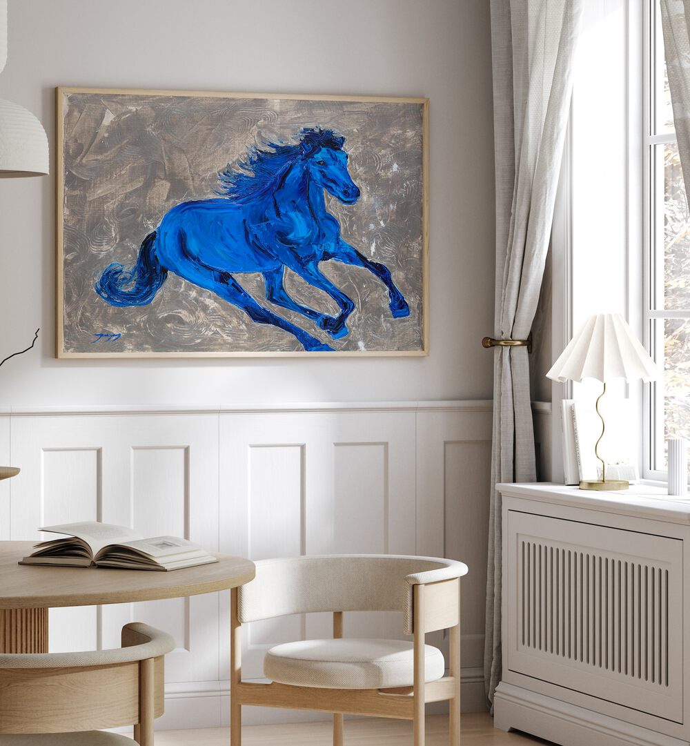 Vibrant BLUE HORSE, ANIMAL PAINTINGS enhancing modern decor with striking color and dynamic energy.