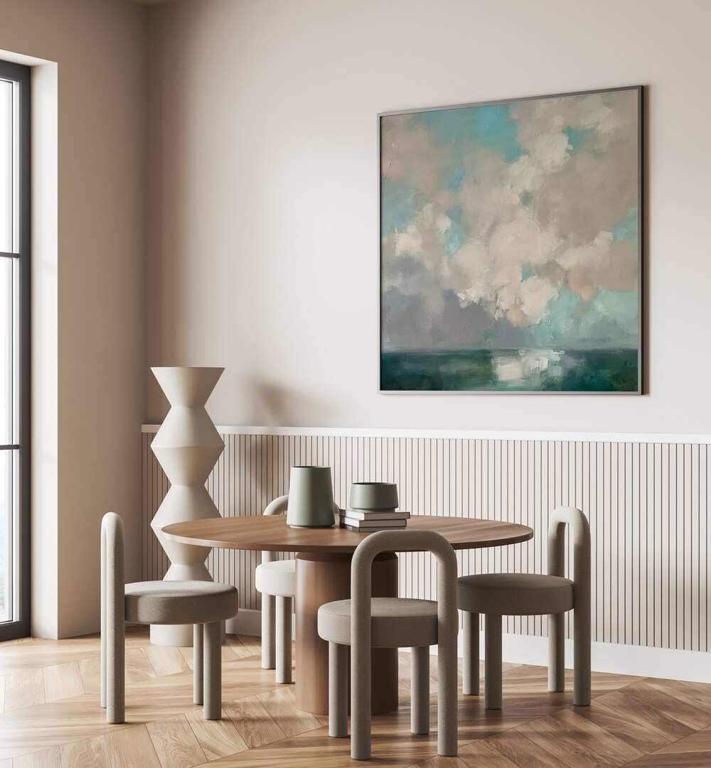 Stylish interior featuring GREEN CLOUDS, ABSTRACT PAINTINGS that enhance decor and promote tranquility.