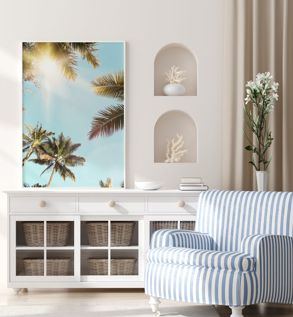 Bright SUN RAYS and palm trees create a serene vibe in this stunning BEACH PAINTINGSBEACH PAINTINGS decor.