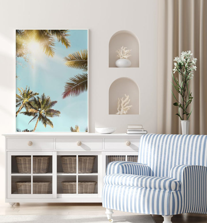 Bright SUN RAYS and palm trees create a serene vibe in this stunning BEACH PAINTINGSBEACH PAINTINGS decor.