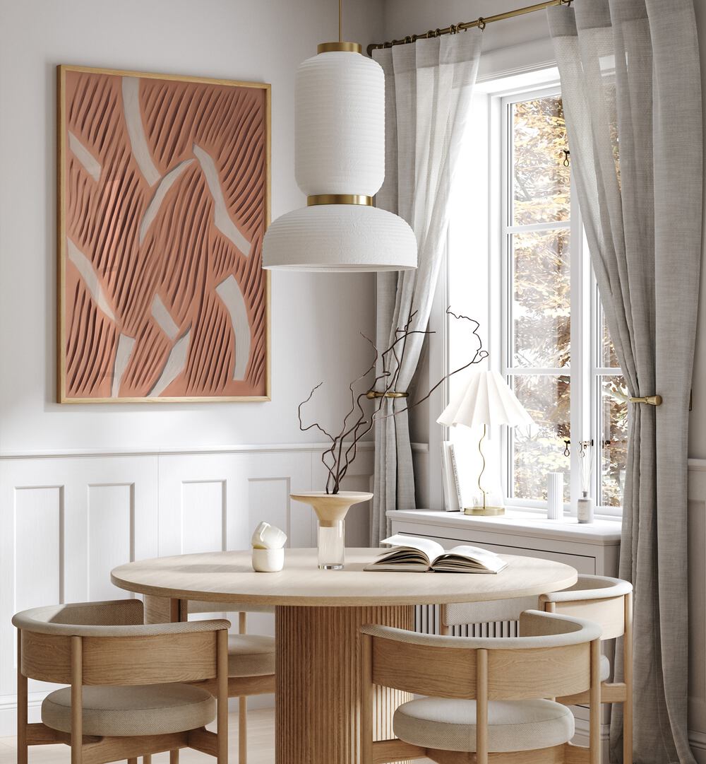 Stylish dining area featuring THE COUNTING II, ABSTRACT PAINTINGS, enhancing modern decor with elegance.
