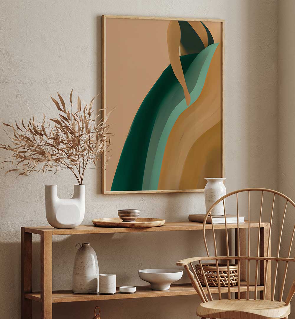 EARTHY DRESS , FASHION POSTERS showcasing a stylish abstract dress in natural tones, perfect for modern home decor.