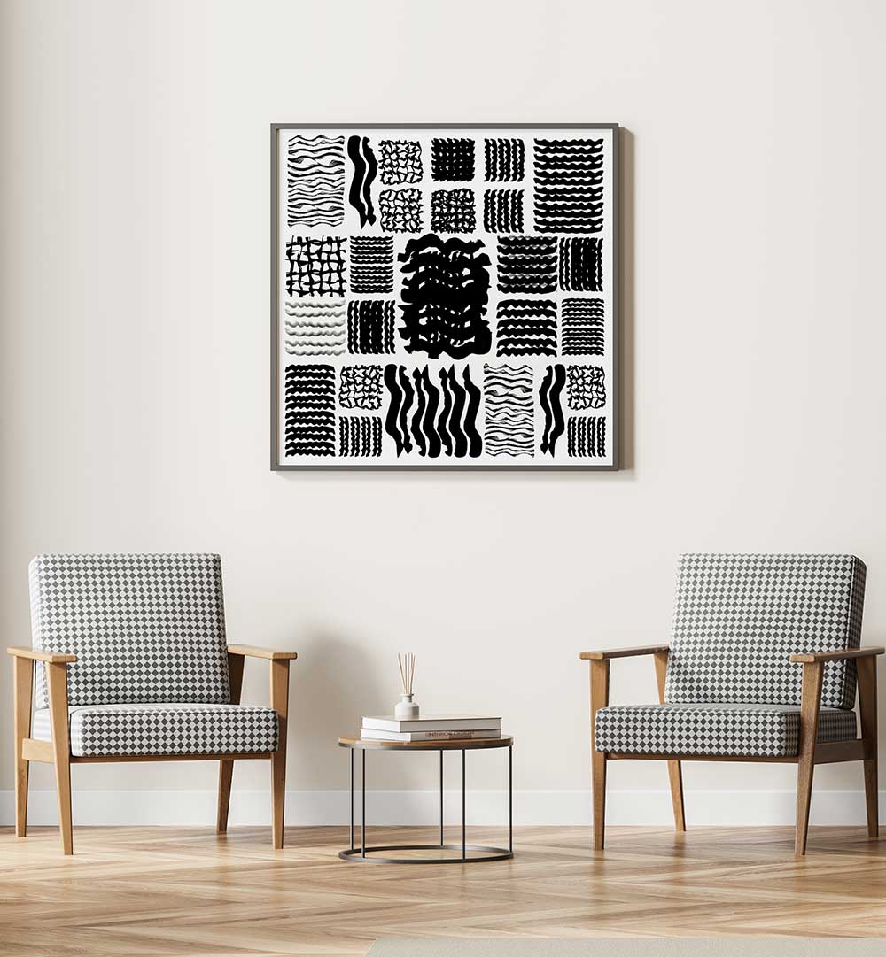 Stylish SQUIGGLE GRID II, GEOMETRIC ART PRINTS enhance modern interiors with bold black and white patterns.