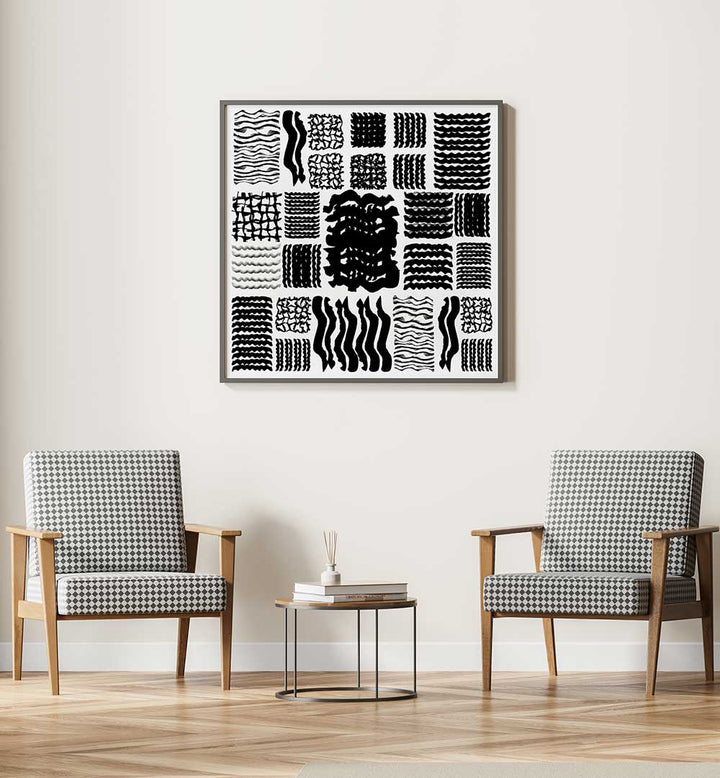 Stylish SQUIGGLE GRID II, GEOMETRIC ART PRINTS enhance modern interiors with bold black and white patterns.
