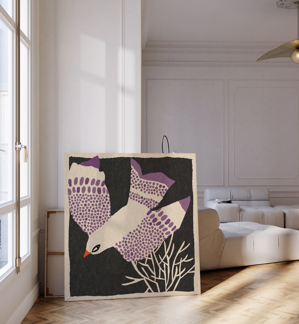 Vibrant bird artwork from the LAVENDER FLIGHT, ANIMAL PAINTINGS collection adds charm to any space.