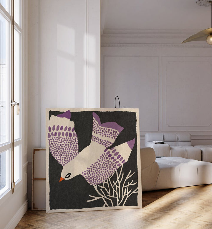 Vibrant bird artwork from the LAVENDER FLIGHT, ANIMAL PAINTINGS collection adds charm to any space.