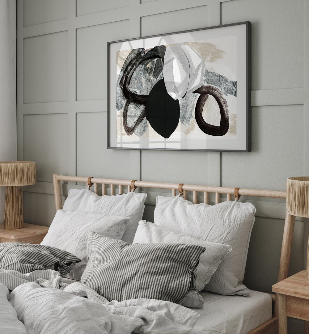 Stylish bedroom featuring the ABSTRACT MIXEDMEDIA COLLAGE, ABSTRACT PAINTINGS, enhancing modern decor with vibrant textures.