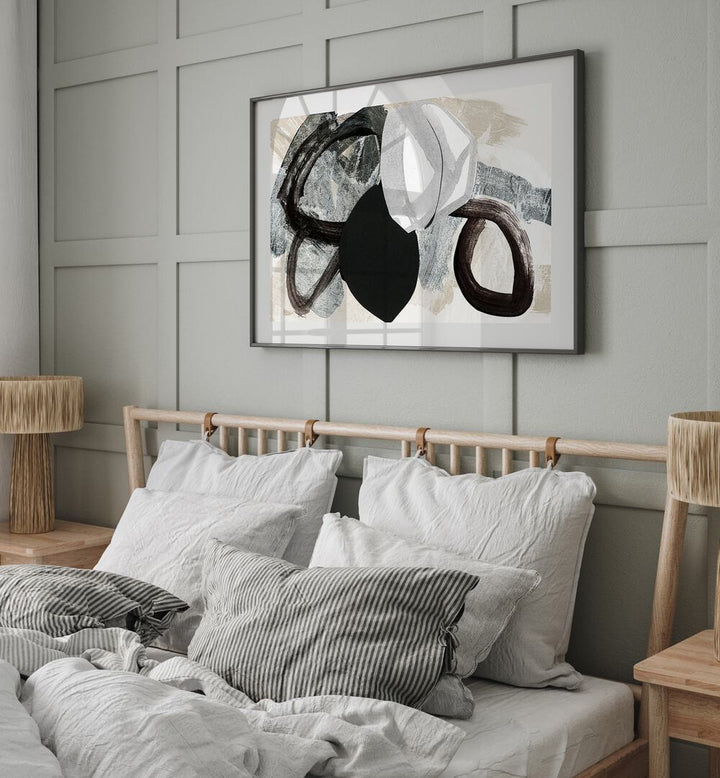 Stylish bedroom featuring the ABSTRACT MIXEDMEDIA COLLAGE, ABSTRACT PAINTINGS, enhancing modern decor with vibrant textures.