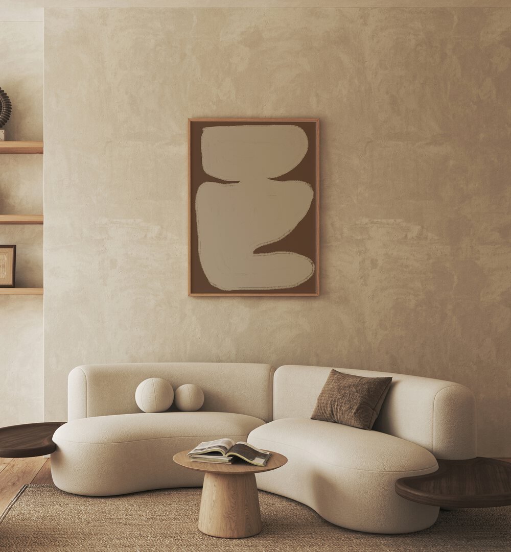 Elegant beige contemporary shapes in abstract paintings enhance a modern living space, perfect for The Miuus Studio.