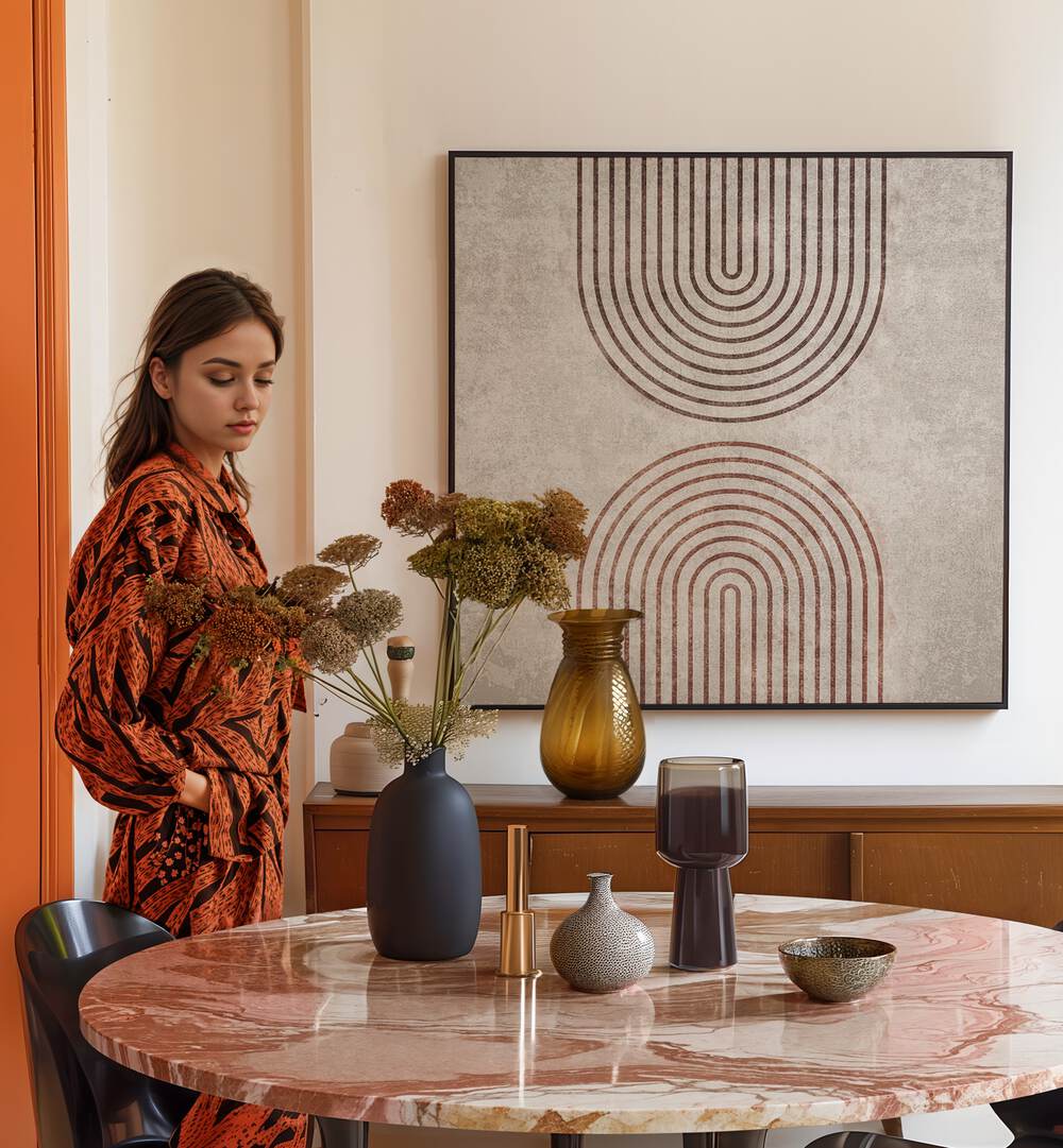 Stylish living space featuring RAINBOW GATE, BOHO ART PAINTINGS by Emel Tunaboylu, perfect for home decor.