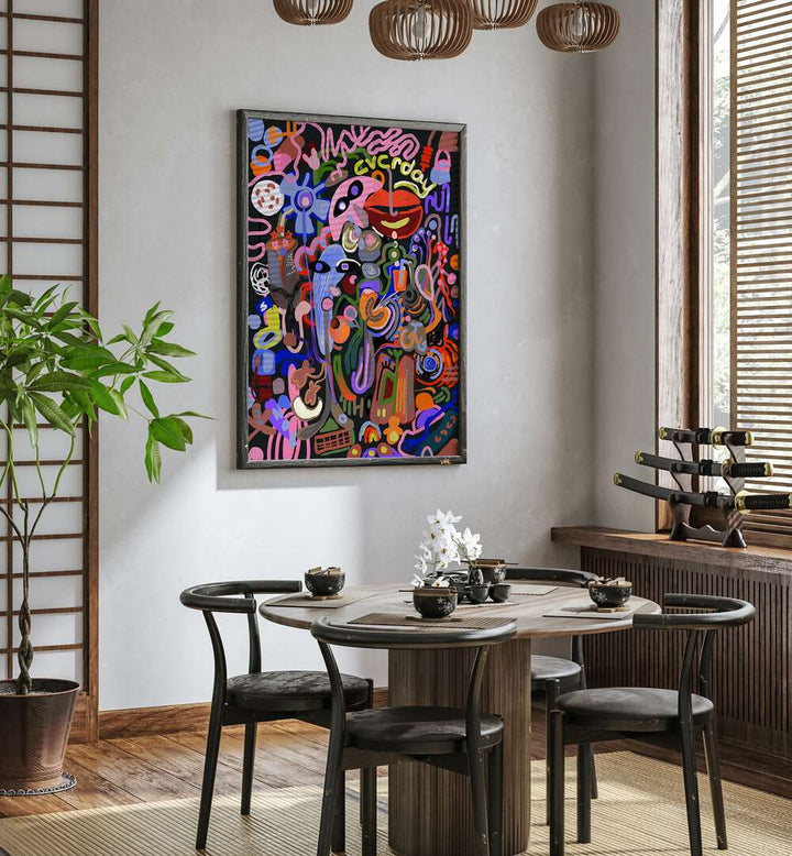 Vibrant ETHEREAL WHISPERS, POP ART PAINTINGS brighten a modern dining space, adding elegance and creativity.