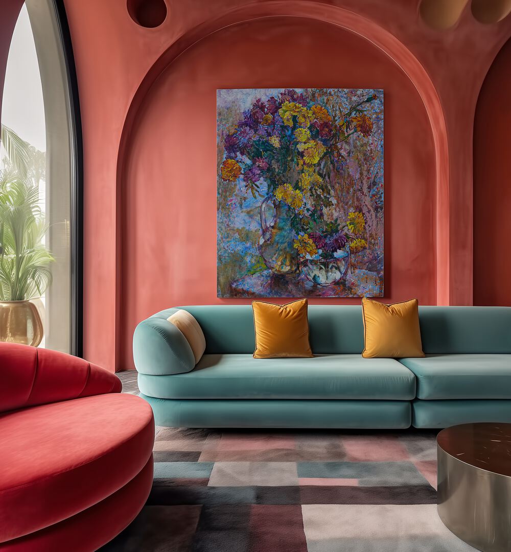 Chrysanthemums Against Rain, Floral Flower Paintings enhance any space with vibrant colors and serene beauty.