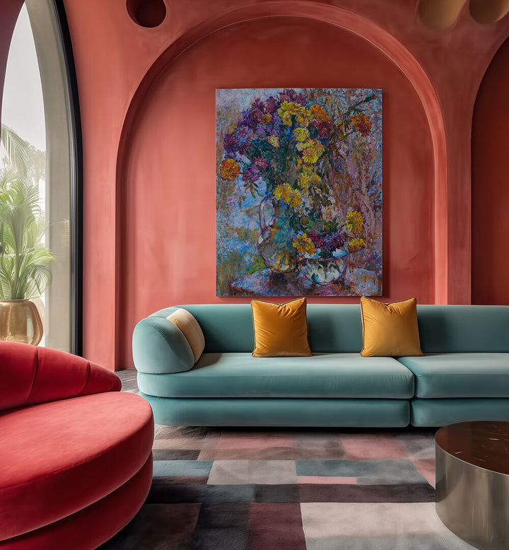 Chrysanthemums Against Rain, Floral Flower Paintings enhance any space with vibrant colors and serene beauty.