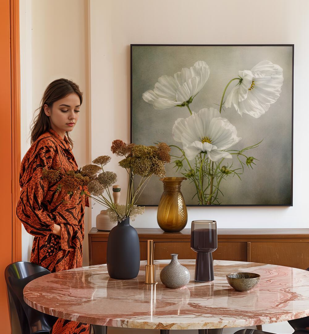 Elegant COSMOS CHARM, FLORAL FLOWER PAINTINGS adorn a stylish interior, showcasing beauty and celestial allure.