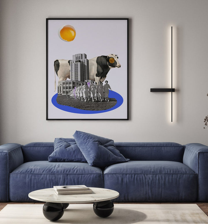 Whimsical COW IN THE CITY, SURREAL ART PRINTS blend urban charm with rustic appeal in modern home decor.
