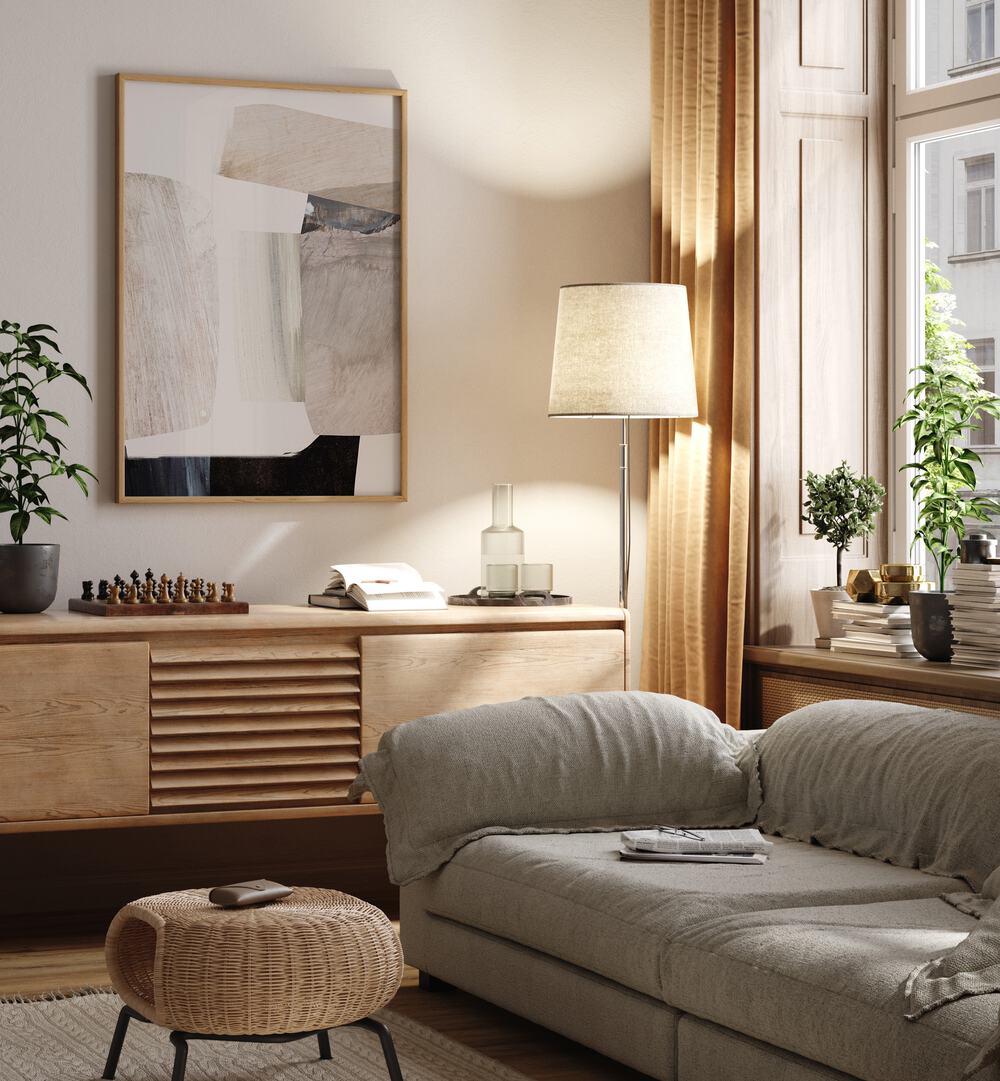 Stylish living room featuring CLAY II, ABSTRACT PAINTINGS, enhancing the space with creativity and sophistication.