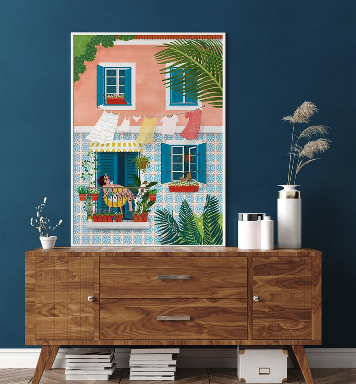 Colorful LISBON II, PORTRAITS illustration showcasing Lisbon's charm with vibrant women and lush plants by Petra Holikova.