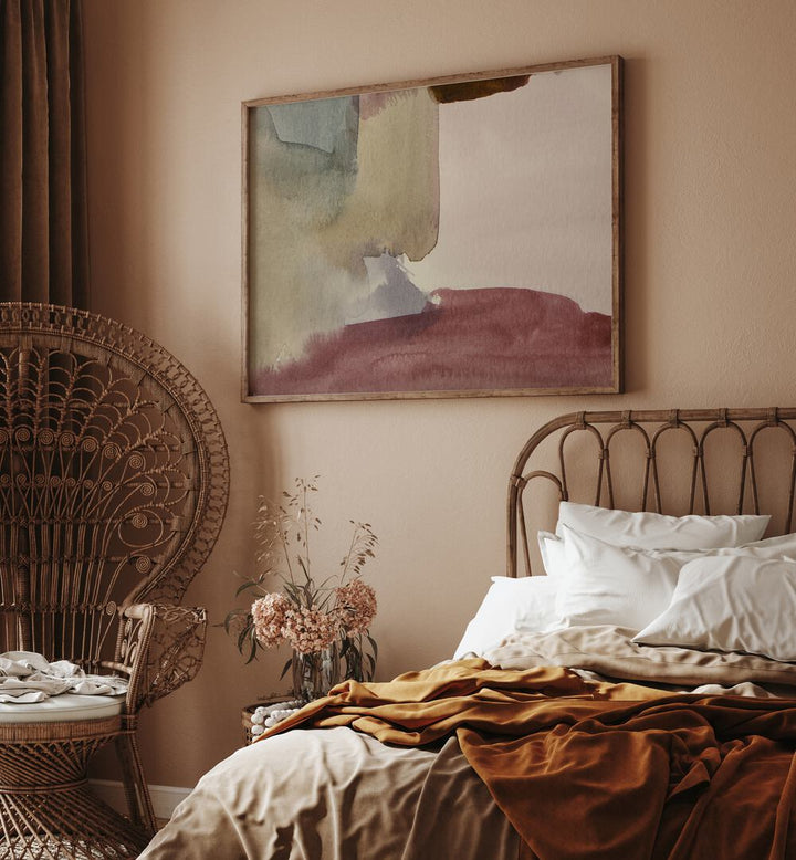 WASHES OF EARTHY TONES, ABSTRACT PAINTINGS add a serene touch to this cozy bedroom setting with natural elements.
