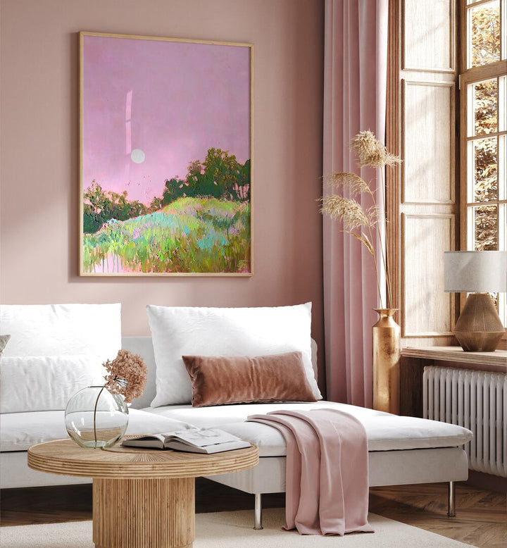 Serene PINK GREEN HILLS, LANDSCAPE PAINTINGS showcase tranquil rolling hills in soft pink and lush green hues.